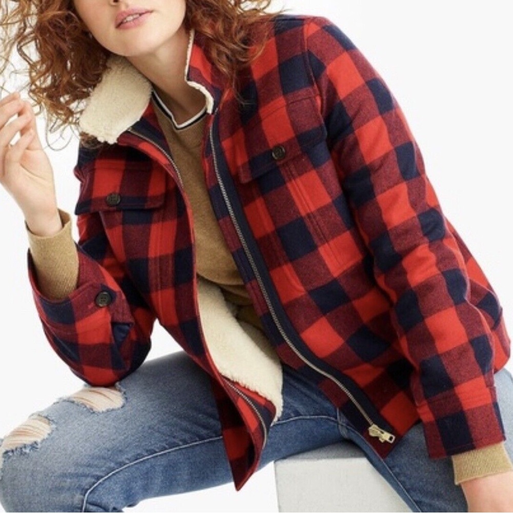 J. Crew Oversized wool melton jacket in Navy/Red Check. Size Large